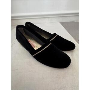 Merry Mules Black Velvet Gold Trim Vintage Wedge Slippers Sz. 7 N Stunning